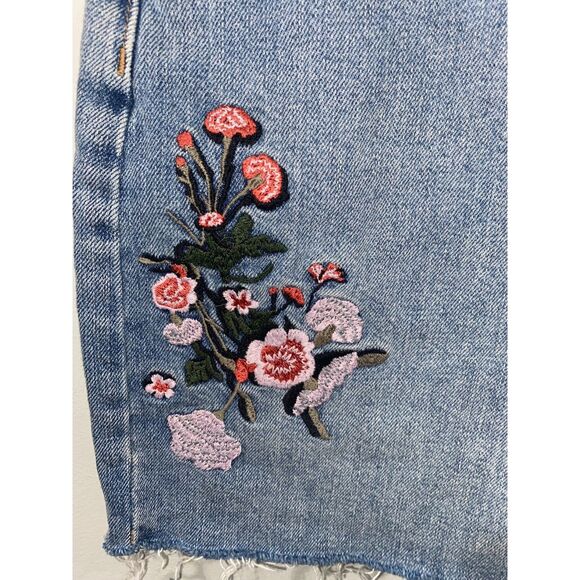 Topshop Moto Floral Embroidered Denim Mini Jean Skirt Raw Hem Size 8 - Picture 2 of 8